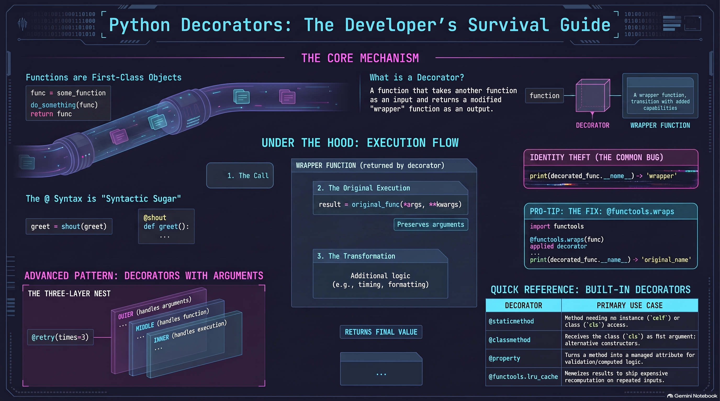 Overview of Python decorators: functions as first-class objects, a decorator as a function that takes a function and returns a wrapper, the @ syntax as sugar for reassignment, the wrapper's execution flow (call, run the original, transform), decorators with arguments via a three-layer nested function, the '__name__ becomes wrapper' identity bug, the functools.wraps fix, and a quick-reference table of staticmethod/classmethod/property/lru_cache
