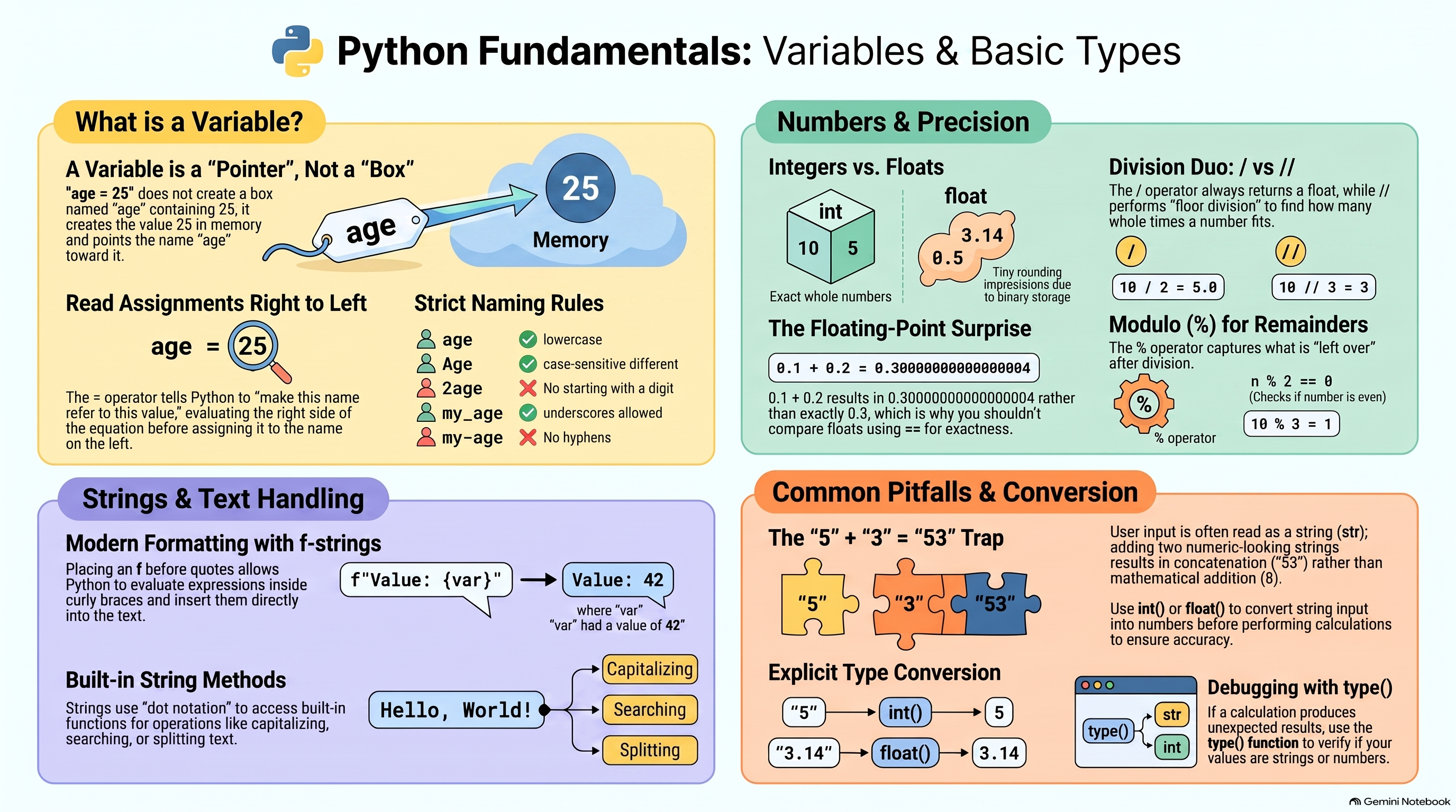 Overview of Python variables and basic types: a variable as a pointer to a value in memory (not a labeled box), naming rules, int vs float and the floating-point precision surprise (0.1 + 0.2), / vs // division and the modulo operator, f-string formatting and built-in string methods, and the common '5' + '3' = '53' string-concatenation-vs-addition pitfall fixed with int()/float() conversion