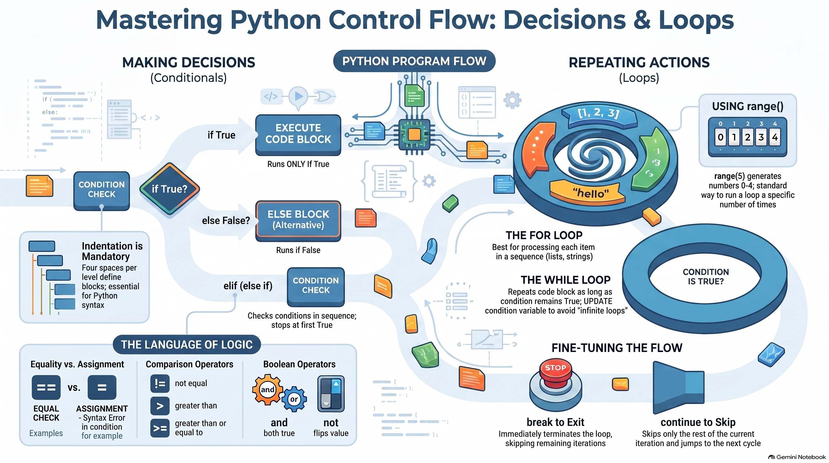Overview of Python control flow: making decisions with if/elif/else, mandatory indentation, equality (==) vs assignment (=), comparison and boolean operators, repeating actions with for loops (best for sequences) and while loops (repeats while a condition holds), range() for counted loops, and break/continue for fine-tuning a loop