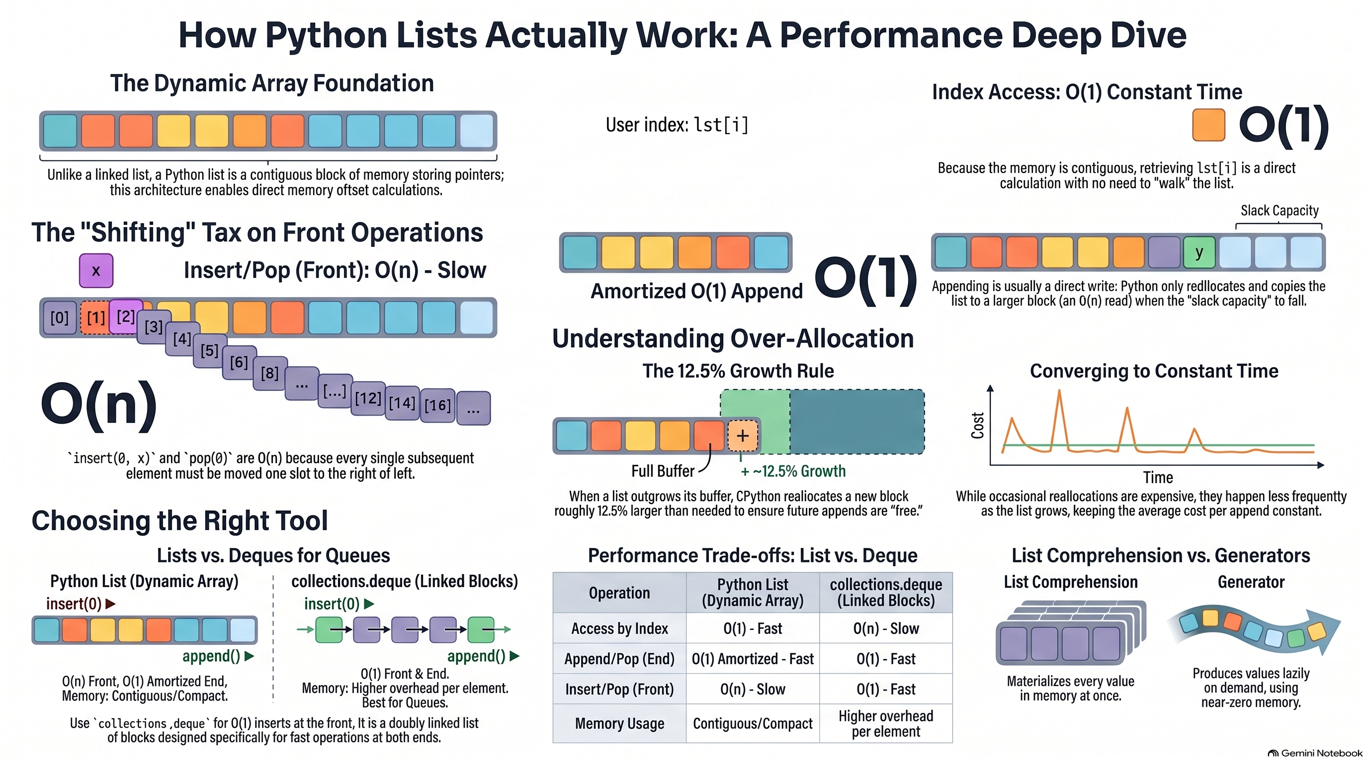 Diagram of how Python lists actually work: a list as a contiguous block of memory (not a linked list), O(1) index access via direct memory offset, the O(n) shifting tax on insert(0, x) and pop(0), amortized O(1) append via the 12.5% over-allocation growth rule, a cost-over-time chart showing occasional reallocation spikes converging to constant average cost, a list-vs-deque performance trade-off table, and list comprehension (materializes everything) vs generator (lazy, near-zero memory)