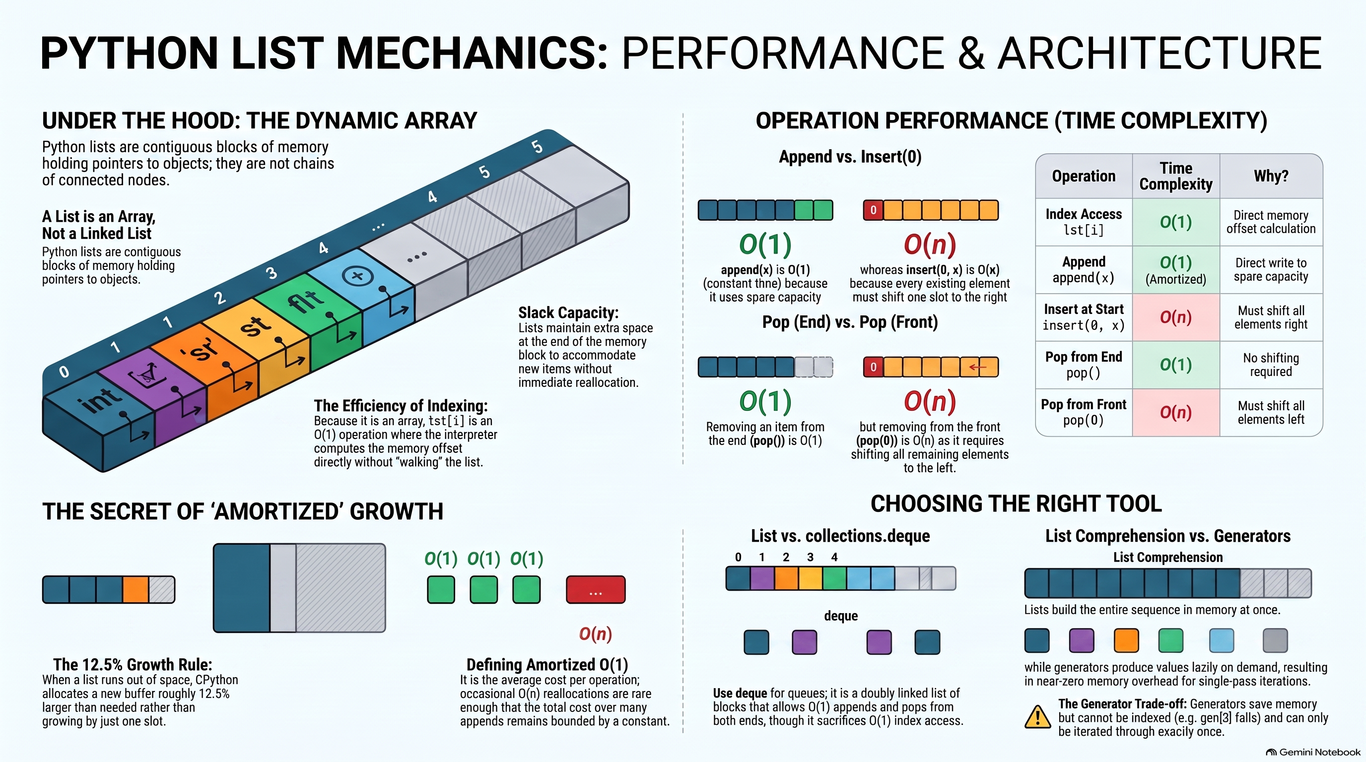 A second overview of Python list mechanics, with an isometric 3D array visual: lists as contiguous memory blocks with slack capacity, O(1) index access via memory offset, an append-vs-insert(0) and pop(end)-vs-pop(front) time-complexity comparison, an operation/time-complexity/reason reference table, the 12.5% growth rule behind amortized O(1) growth, list vs collections.deque for queues, and list comprehension vs generator memory trade-offs