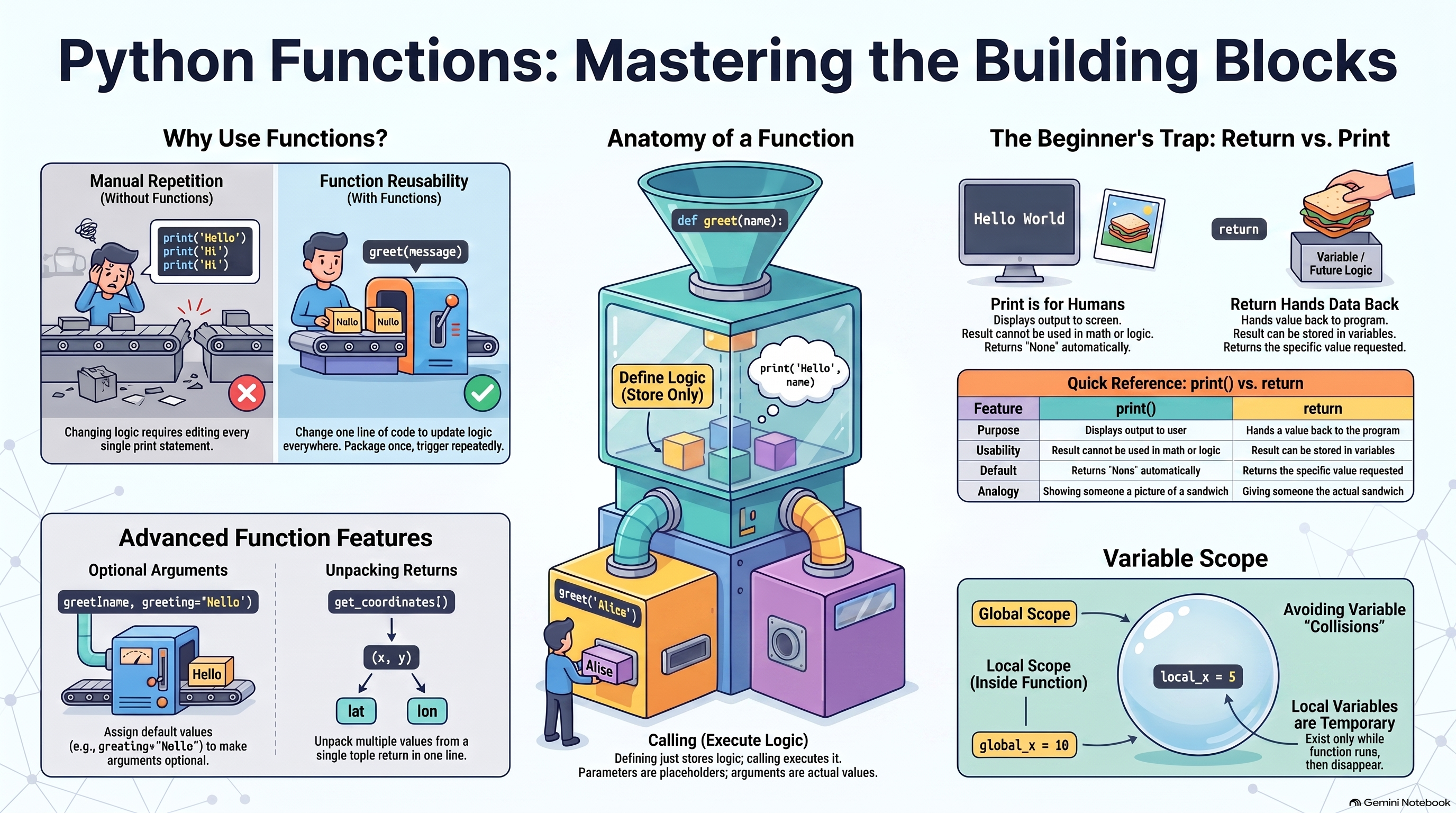 Overview of Python functions: why functions exist (reusability over manual repetition), the anatomy of a function (defining stores logic, calling executes it), the print() vs return beginner's trap (print displays output for humans and always returns None, return hands a value back to the program), optional arguments with default values, unpacking a tuple return into multiple variables, and global vs local variable scope