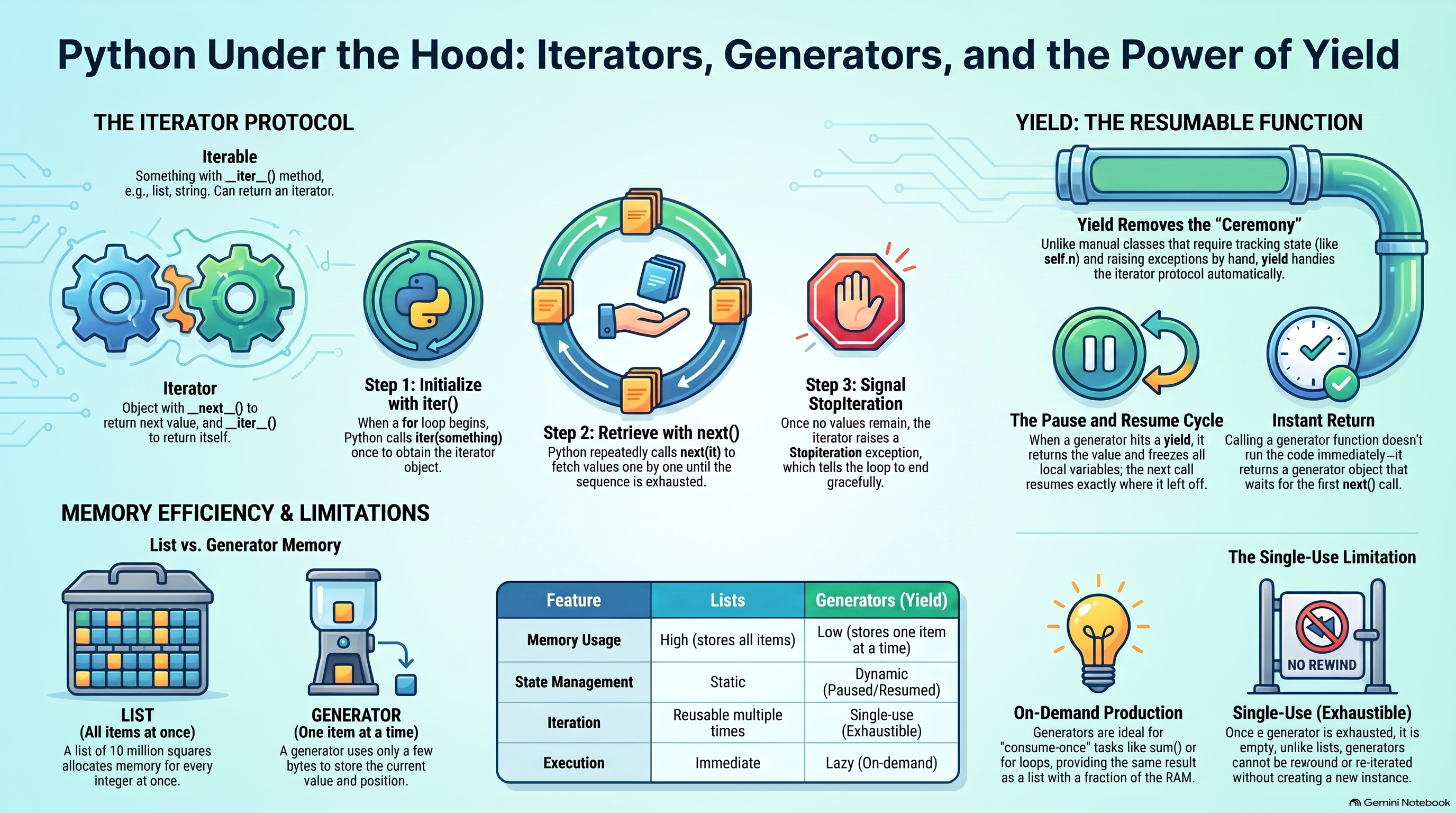 Overview of Python iterators and generators: the iterator protocol (an iterable has __iter__, an iterator has __next__, iter() initializes, next() retrieves values, StopIteration signals the end), yield as a resumable function that removes the manual state-tracking ceremony of a class-based iterator, the pause-and-resume cycle when a generator hits yield, and a list-vs-generator comparison table across memory usage, state management, iteration (reusable vs single-use/exhaustible), and execution (immediate vs lazy)