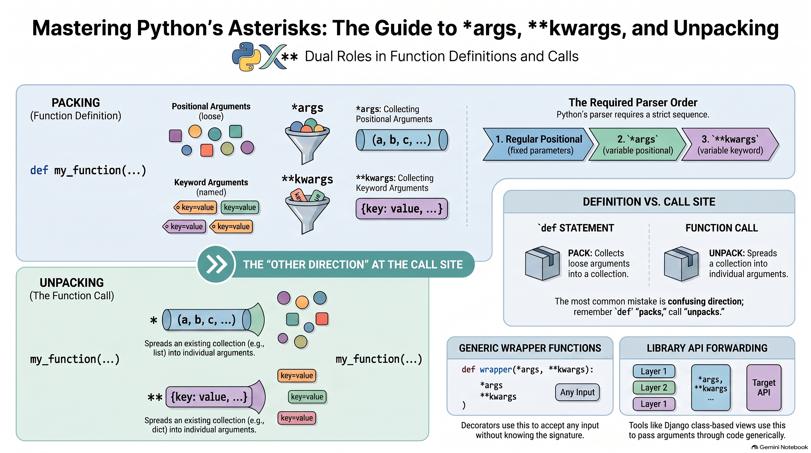 Overview diagram of *args and **kwargs: packing loose positional and keyword arguments into a tuple and dict at function definition, the required parser order (regular positional, then *args, then **kwargs), and unpacking a collection back into individual arguments at the call site with * and **